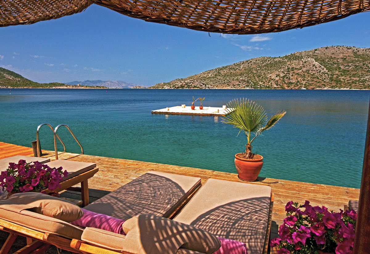 View across sundeck to Aegean Sea, Bozburun, Turkey